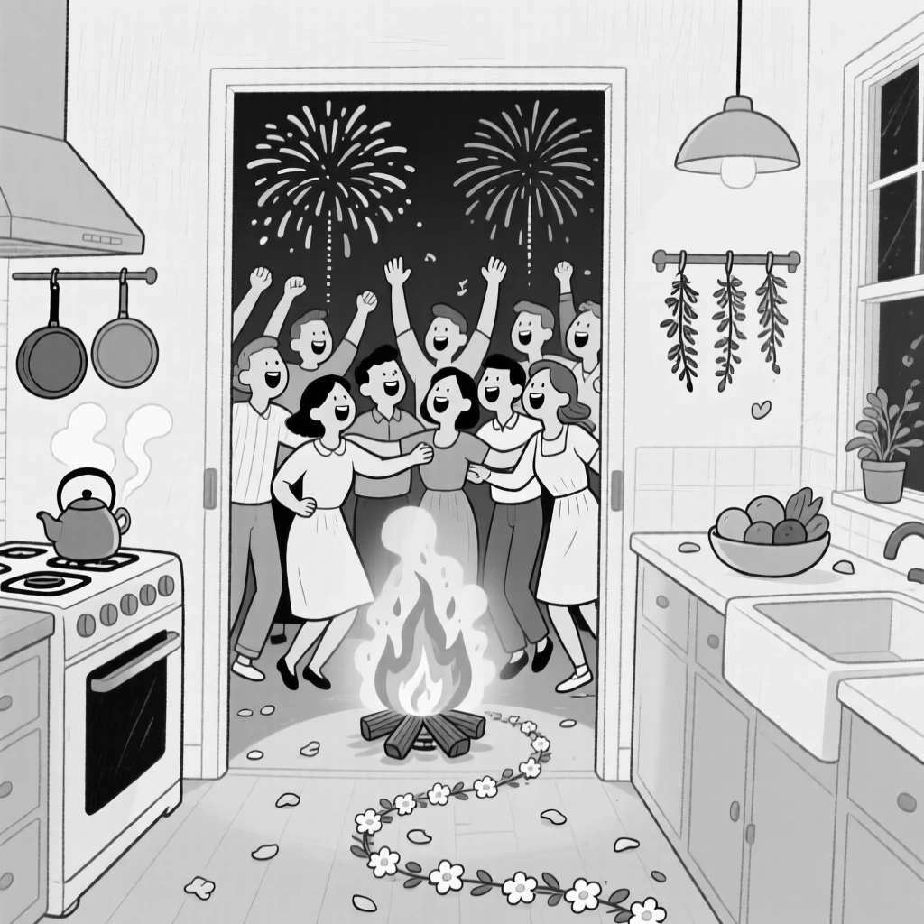 A crowd cheering as fireworks bloom overhead, swaying arm in arm to the crackling fire's rhythm, set in a home kitchen bursting with delicious aromas. A trail of flower petals leads toward the celebration. The image feels like a snapshot of pure, collective happiness.