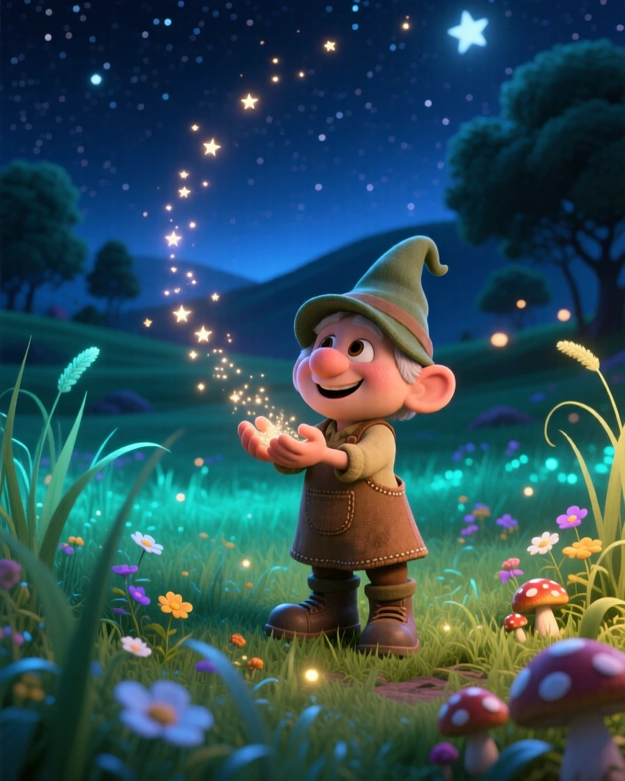 A tiny gnome gardener stands in a meadow where the grass glows softly at night, catching falling stardust in cupped hands. A quiet magic hums softly throughout the scene, with soft glowing light illuminating every surface.