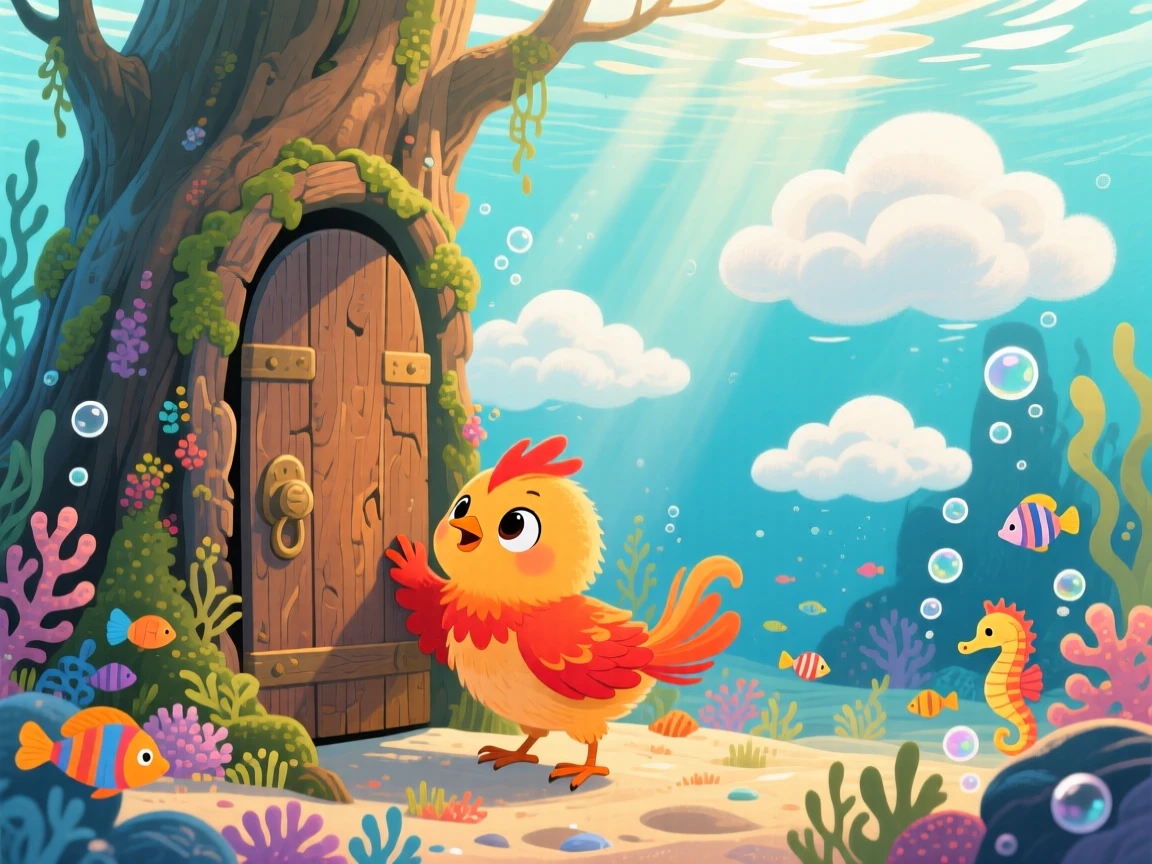 In an underwater kingdom, a phoenix chick discovers a moment of wonder while opening a door hidden inside a tree trunk, with clouds drifting lazily below.