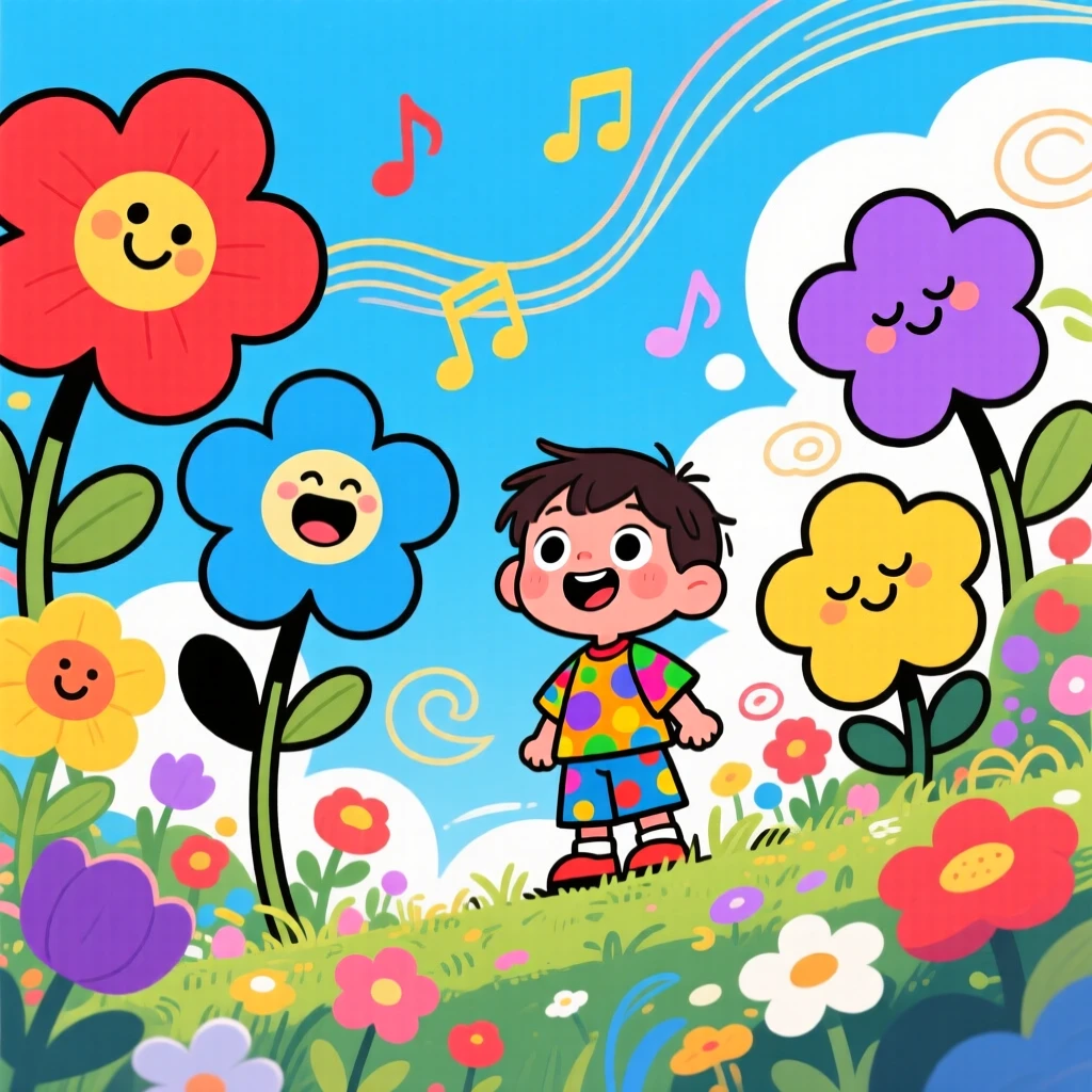 A child imagining a garden where flowers sing softly in the breeze.