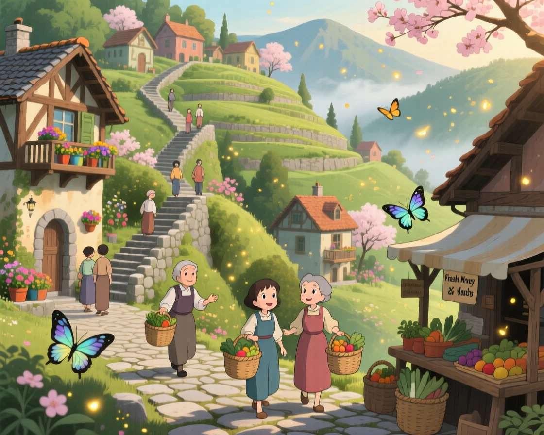 A scenic view of a terraced hillside town connected by narrow stone stairways, as locals stroll along winding cobblestone lanes.