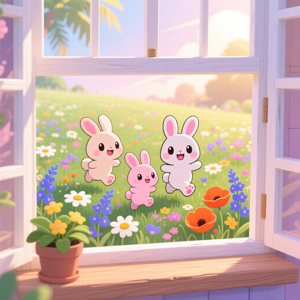 A family of rabbits hopping through a meadow of wildflowers, framed as a framed through a window within a sunlit spring meadow, on a warm tropical afternoon, glowing under soft pastel light of dawn, evoking curious excitement.