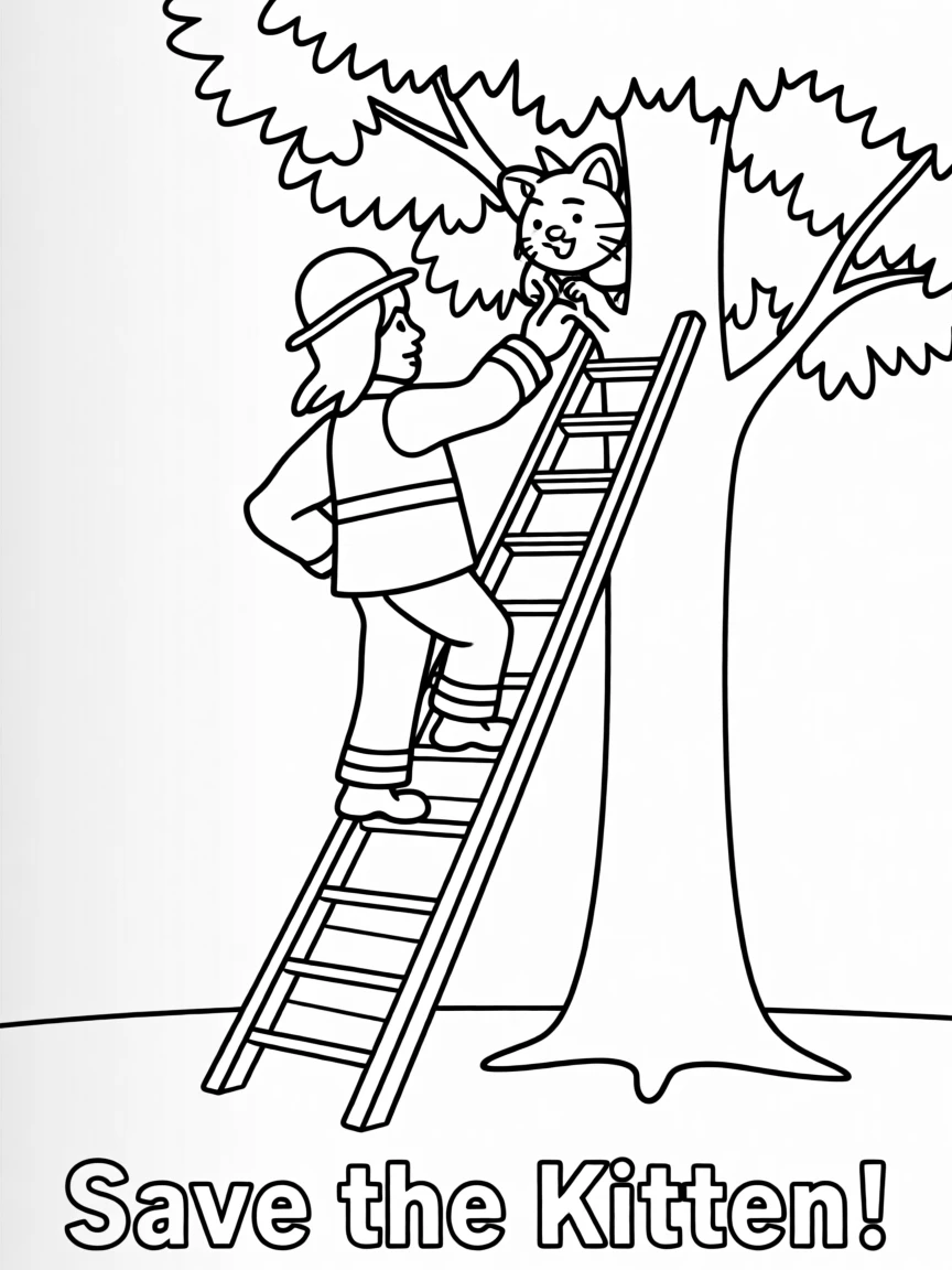 A friendly firefighter climbing a ladder to rescue a kitten from a tree