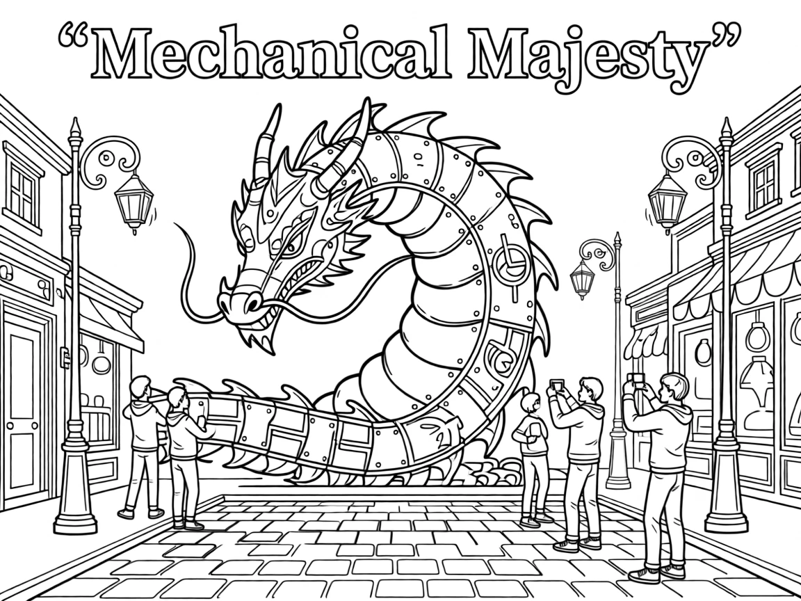A giant mechanical dragon towering over a cobblestone street, with soft ambient lighting filling the room.