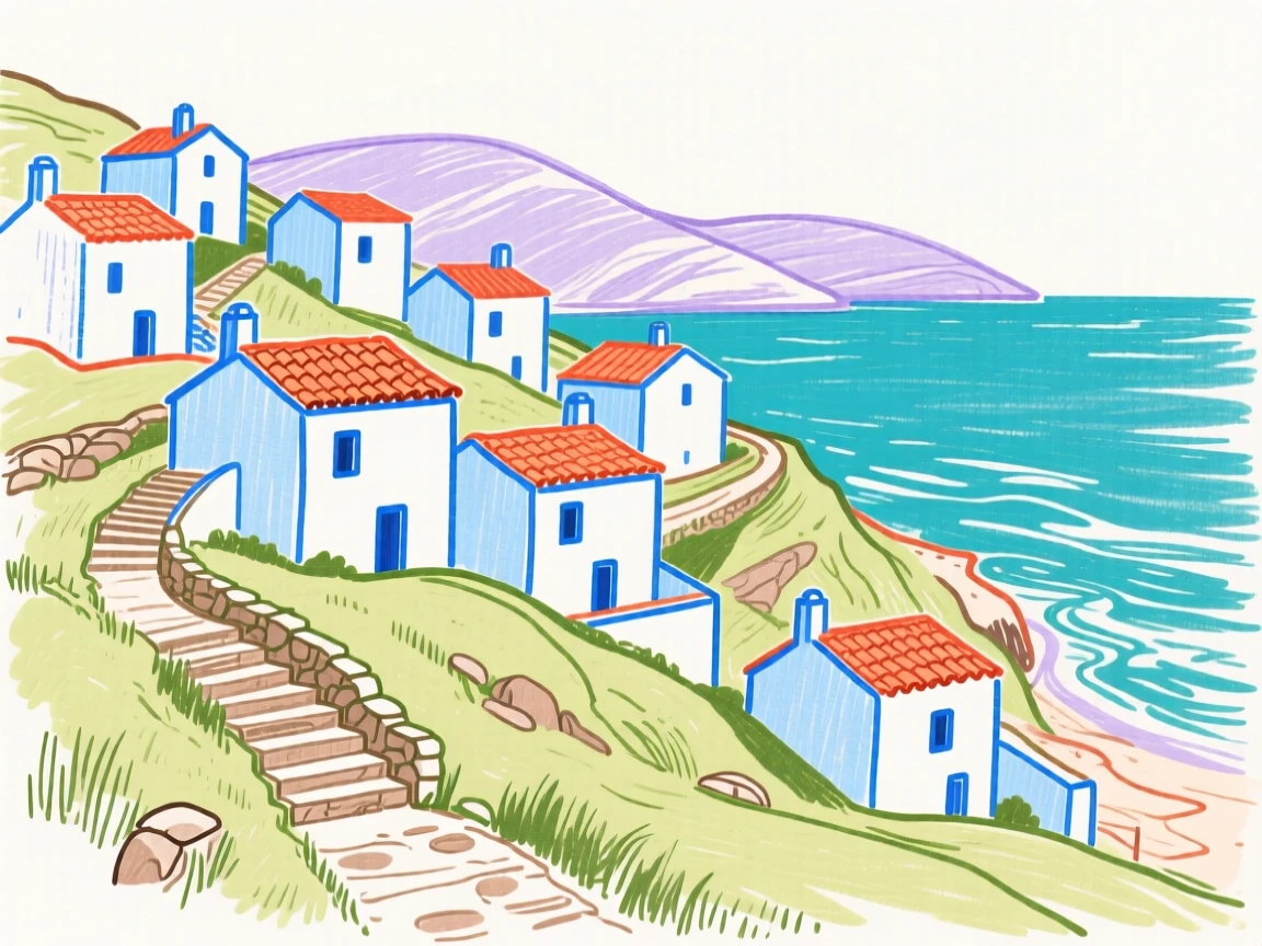 A hillside village of whitewashed houses overlooking the sea.