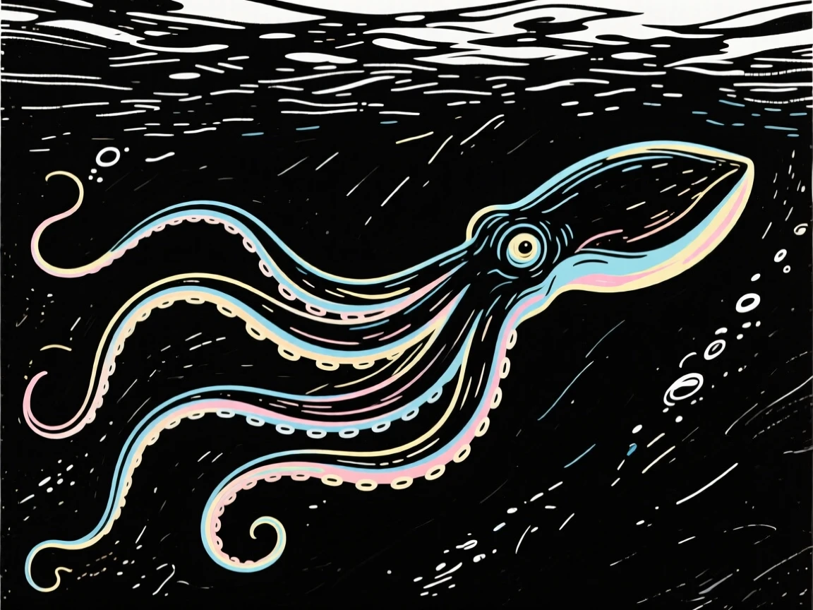 A giant squid gliding through the dark depths of the ocean.