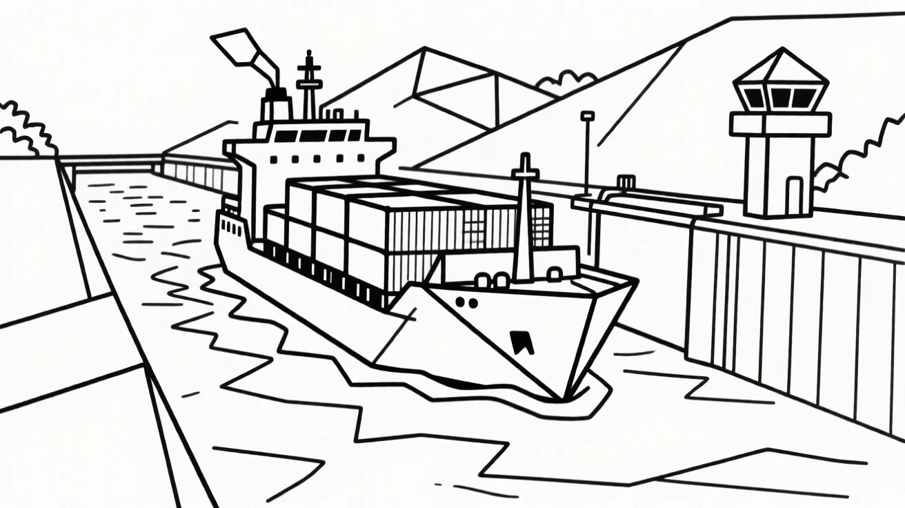 A container ship navigating through the Panama Canal