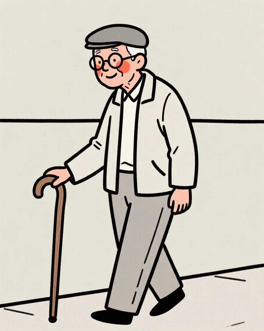 A grandfather enjoying a peaceful morning walk.