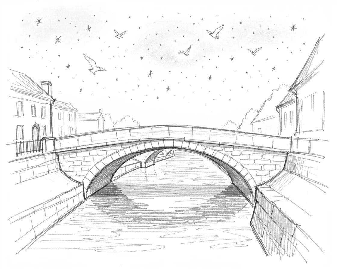 Sweeping architectural view of a stone bridge over a quiet canal, under a canopy of stars, with birds circling overhead.