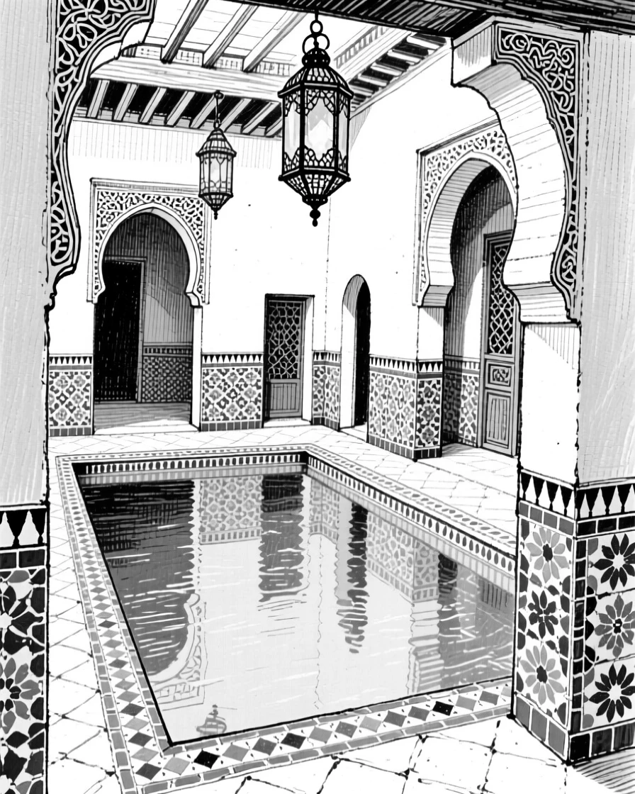 A traditional Moroccan riad courtyard with colorful tiled walls and a central pool.