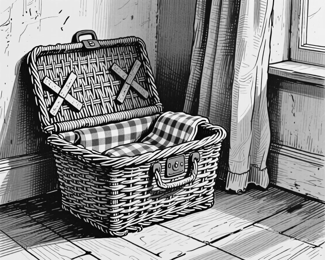 A wicker picnic basket tucked into the corner of a cozy room, with fine scratches telling of years of use, forming a quietly nostalgic still-life study.