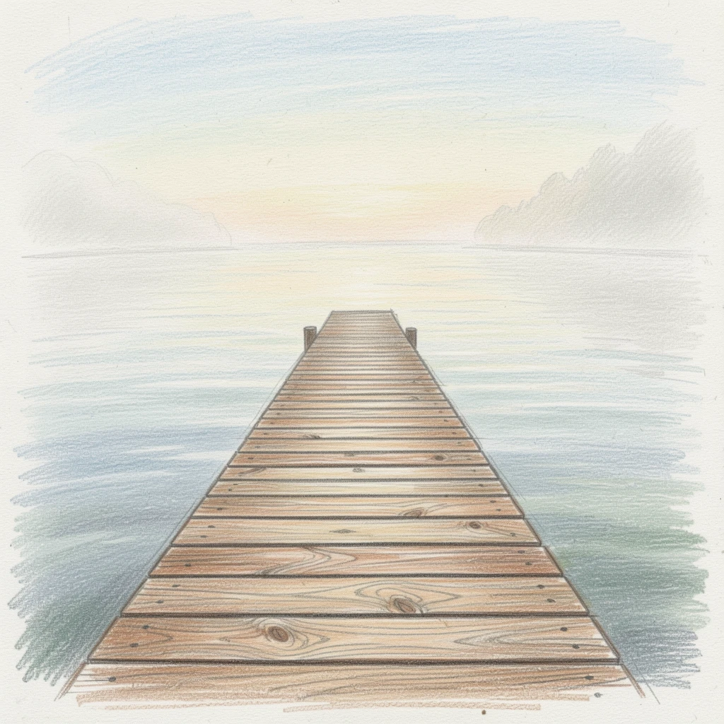 A wooden dock stretching out into a calm, misty lake, with gentle, harmonious colors throughout the scene, capturing a gentle sense of hope and renewal.
