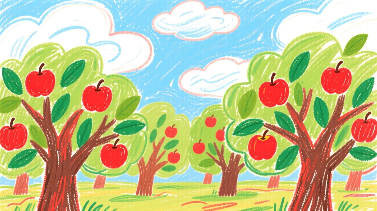 A view of a orchard heavy with ripe apples beneath a sky full of drifting clouds.