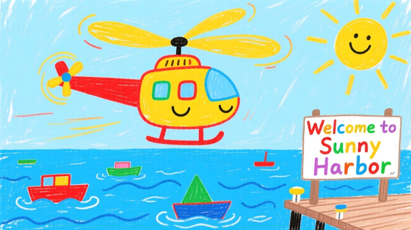 A nimble helicopter sailing across a calm blue harbor.
