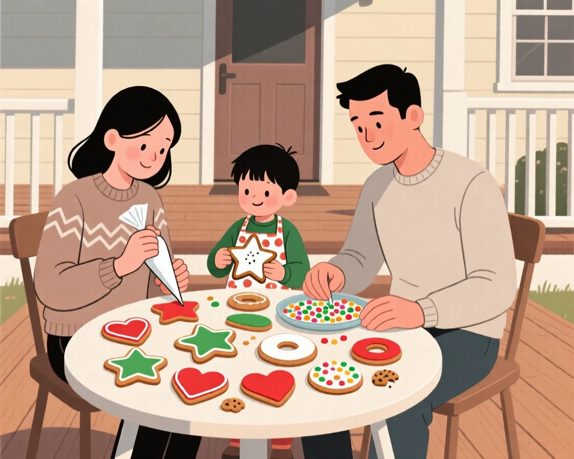A family decorating cookies together on the front porch.