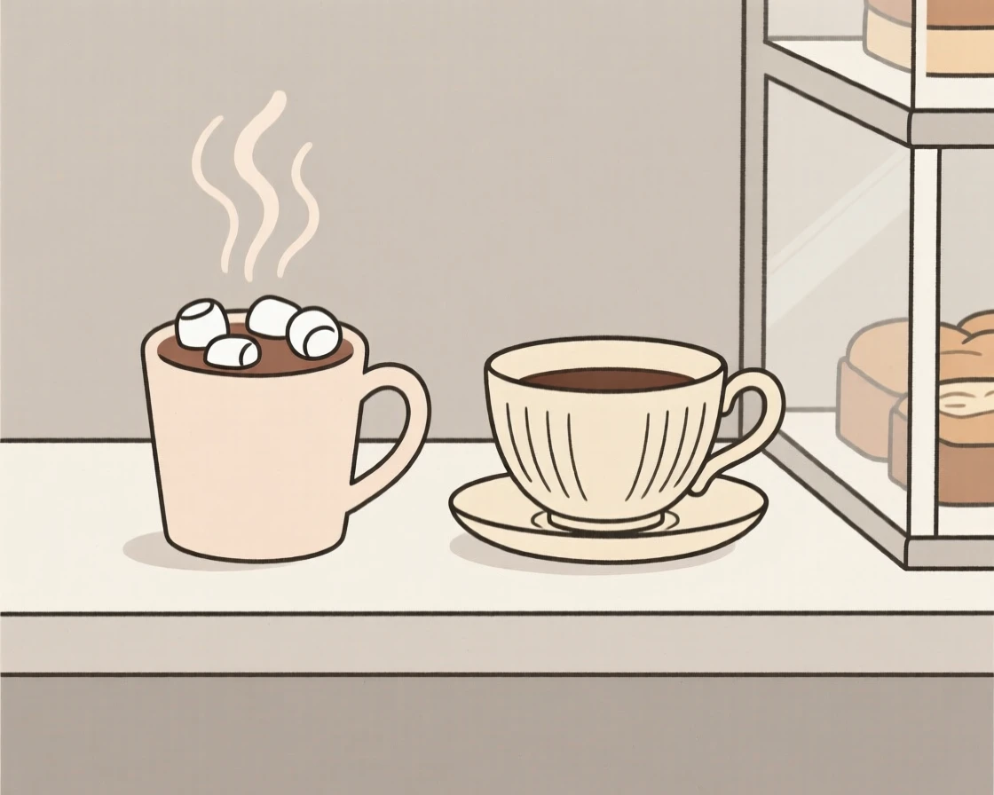A homemade cup of hot chocolate with marshmallows cooling near a vintage teacup on a bakery display counter, expressing simple satisfaction.