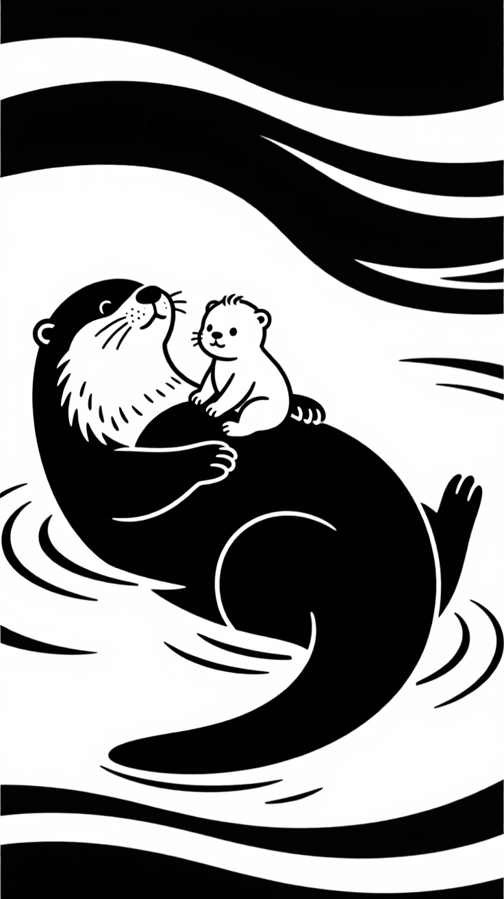 A baby otter riding on its mother's belly.