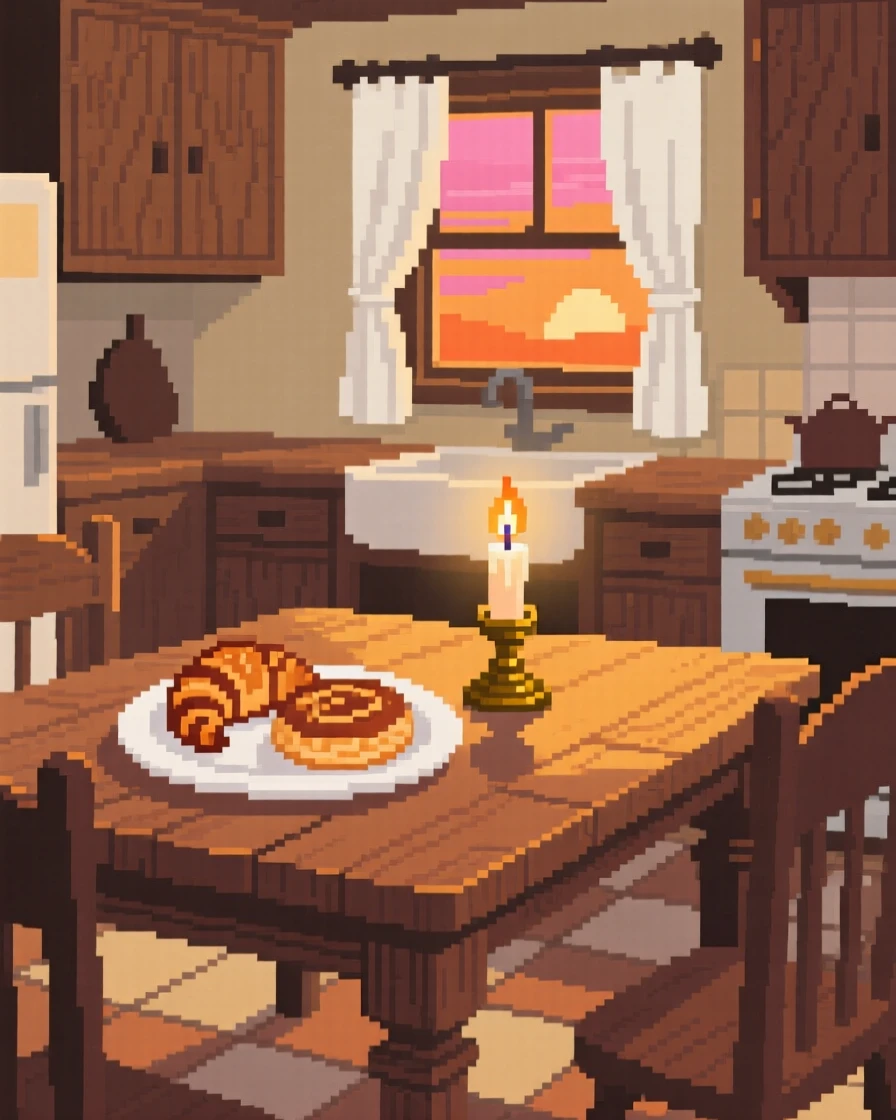 A candlelit dinner table set with a plate of fresh pastries, in a farmhouse kitchen at sunrise.