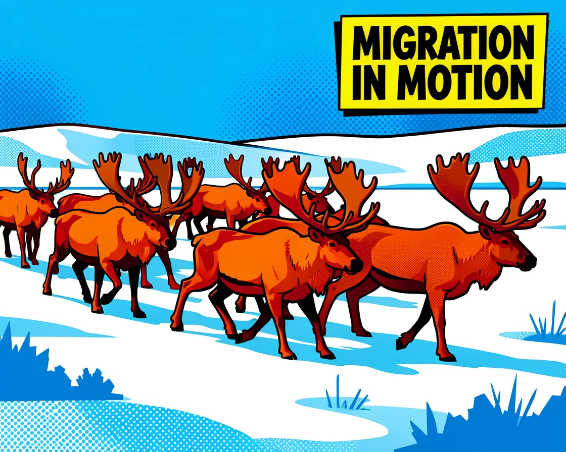 A herd of caribou migrating across a snowy tundra