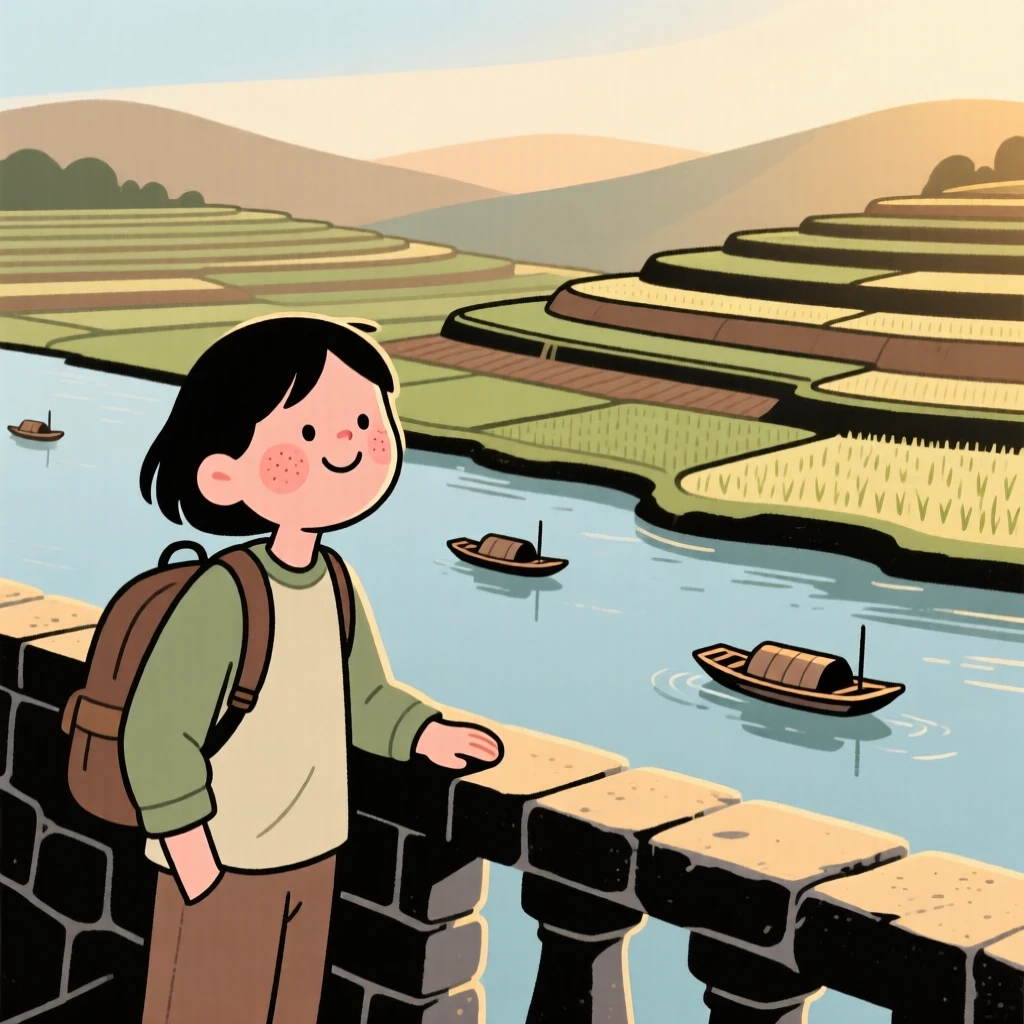 A traveler pauses on a stone terrace overlooking terraced rice fields, watching boats gliding along the water as the early morning light settles over the scene.