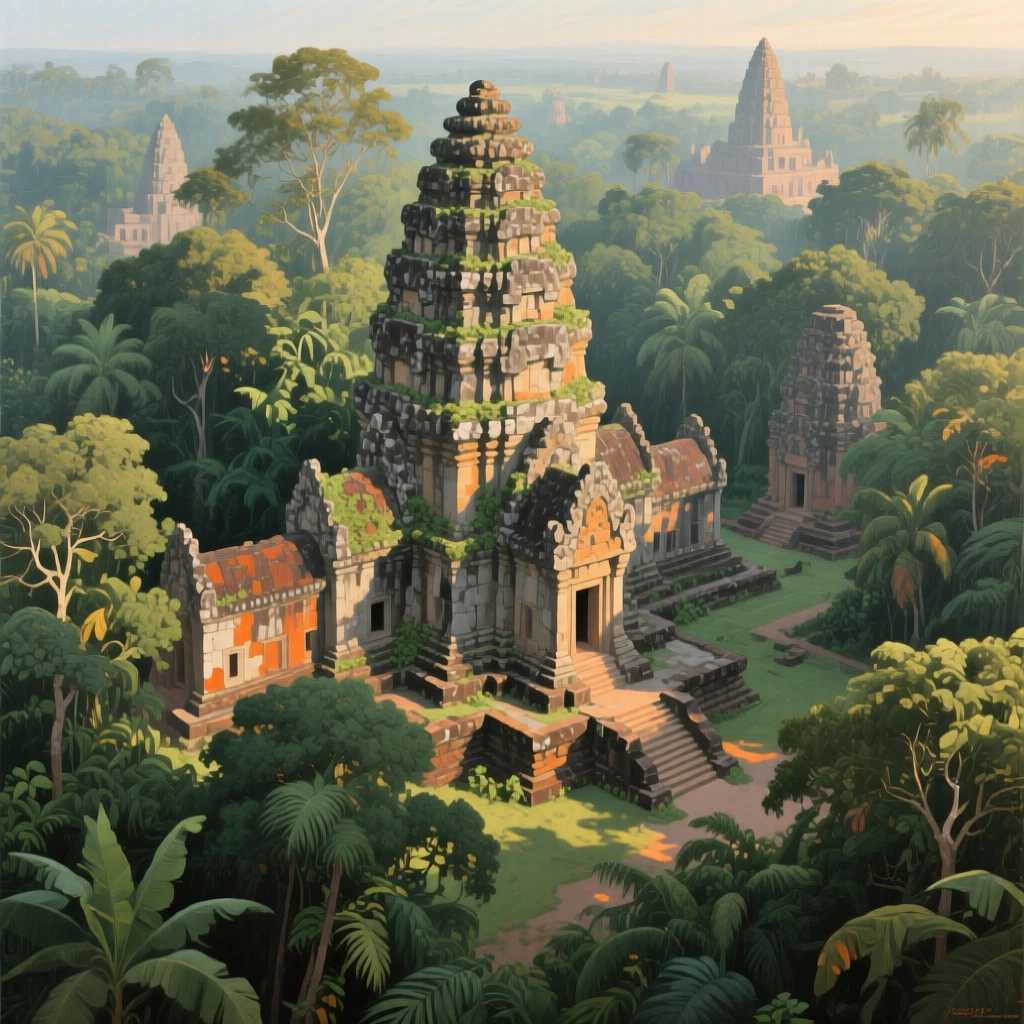 An aerial view of an ancient temple complex emerging from dense jungle foliage, in the 1960s, in late afternoon.