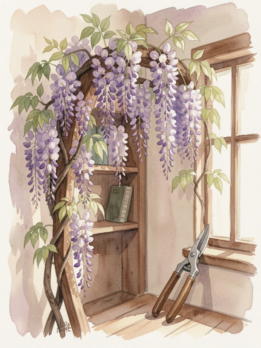 A climbing wisteria arbor in the corner of a cozy study with a pair of garden shears nearby.