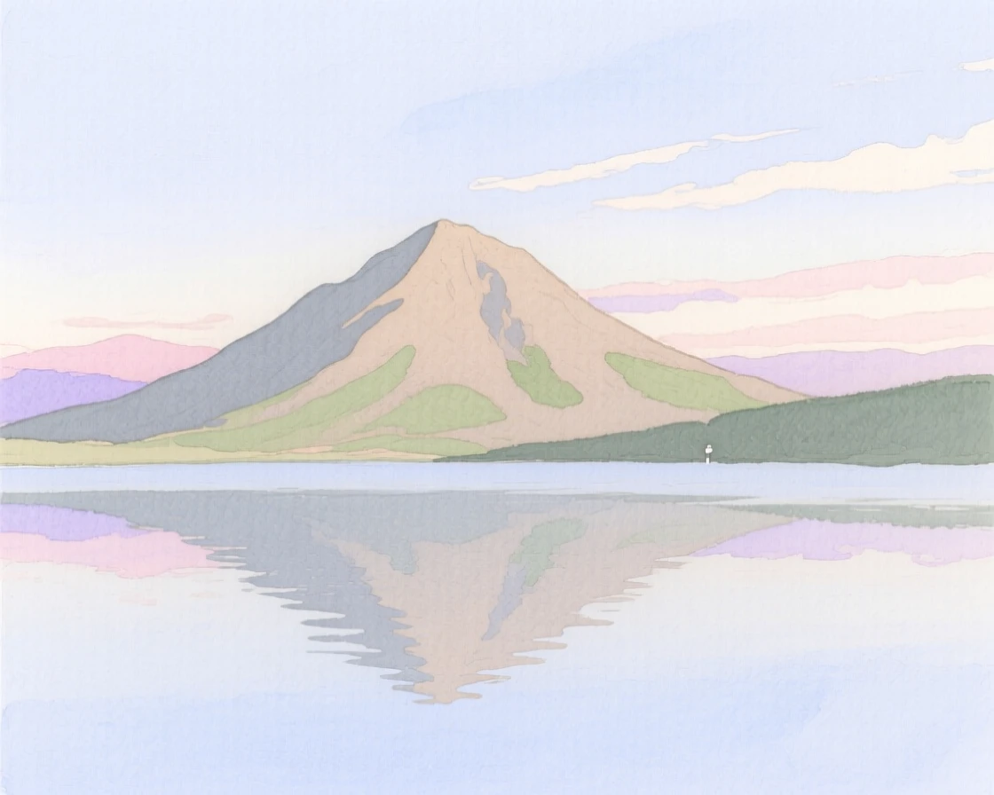A serene view of a quiet mountain summit, as calm waters reflect the sky above, evoking calm and quiet reflection