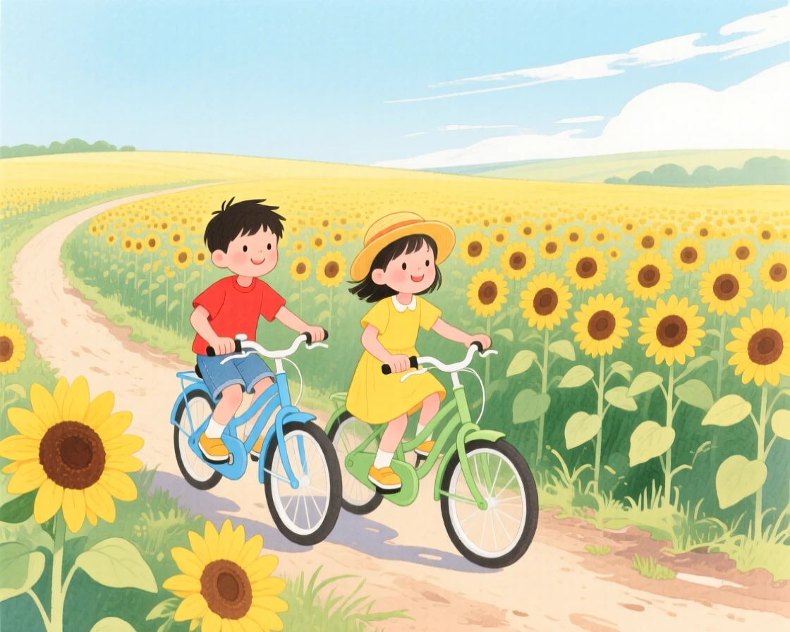 Children riding bicycles past a field of sunflowers, peaceful and full of gentle motion.
