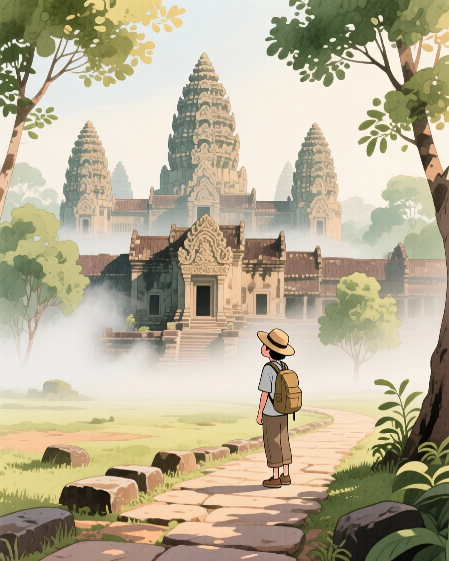 A traveler pauses to soak in the view amid the ancient temples of Angkor Wat wrapped in morning mist, filled with the romance of travel.
