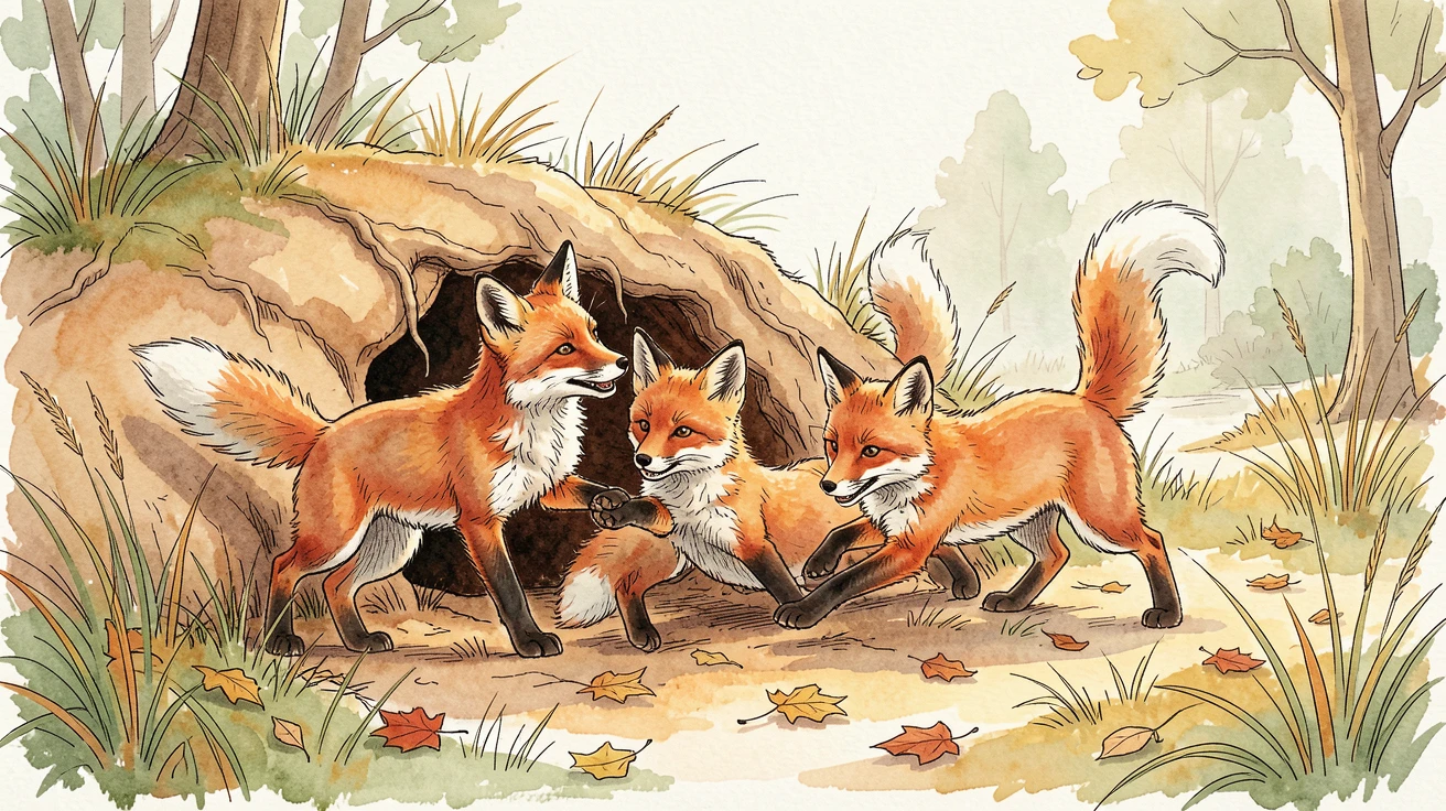 A litter of fox kits tumbling and playing outside their den, the golden light of late afternoon warming the scene.