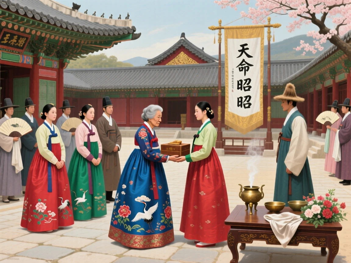 A traditional Korean hanbok ceremony held in a palace courtyard, capturing the customs and craftsmanship unique to the era, designed to feel both historically authentic and visually striking