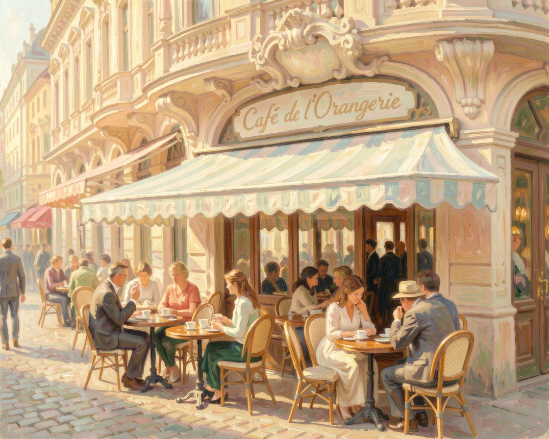 A bustling café terrace in Vienna, elegant patrons enjoying coffee beneath ornate Baroque architecture.
