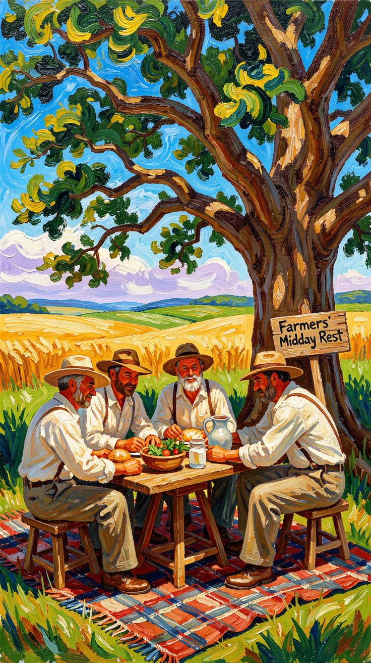A group of farmers sharing a midday meal beneath the shade of a large oak tree.