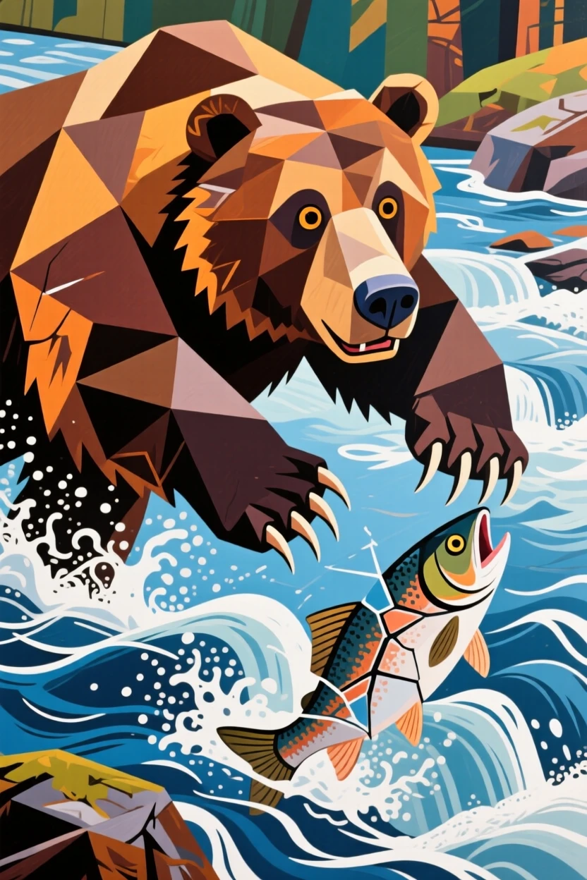 A grizzly bear catching salmon mid-leap in a rushing river.