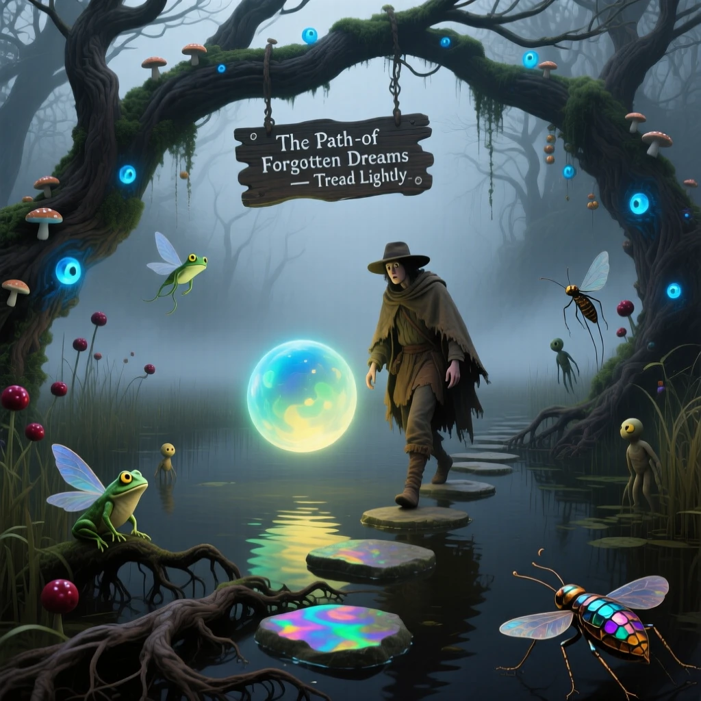 A will-o'-the-wisp leading a lost traveler through a misty bog guards a hidden path that few have ever found, as small creatures gather cautiously nearby to watch.
