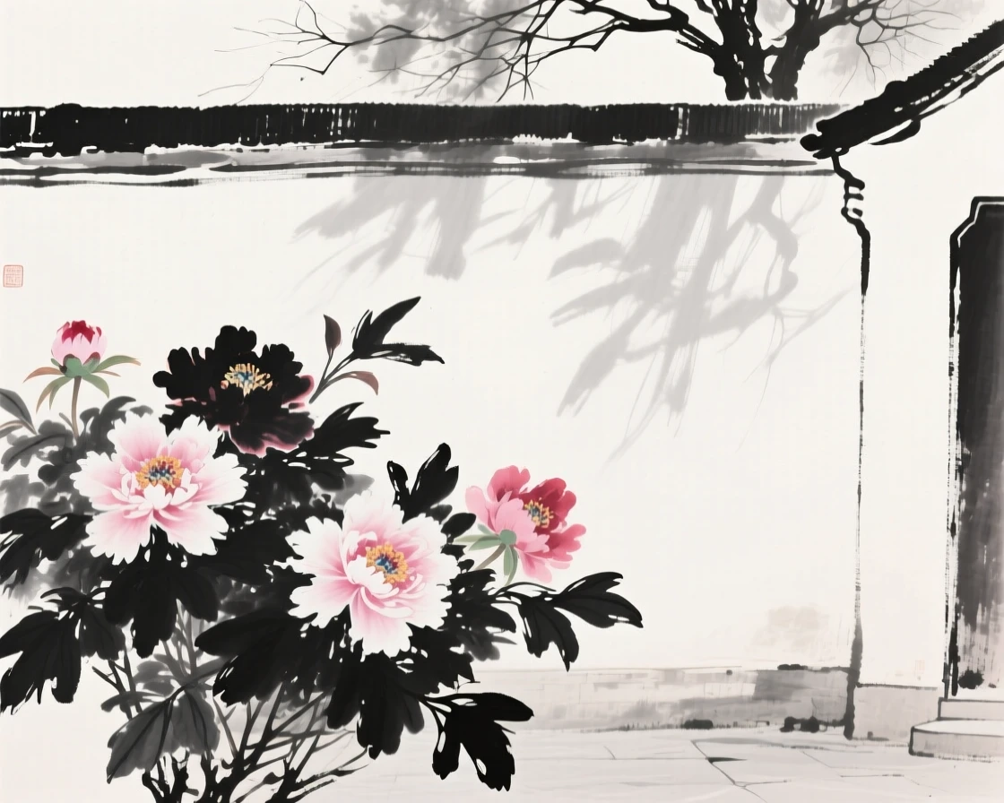 A cluster of peonies blooms fully in a walled garden, beneath the dappled shade of a nearby tree.