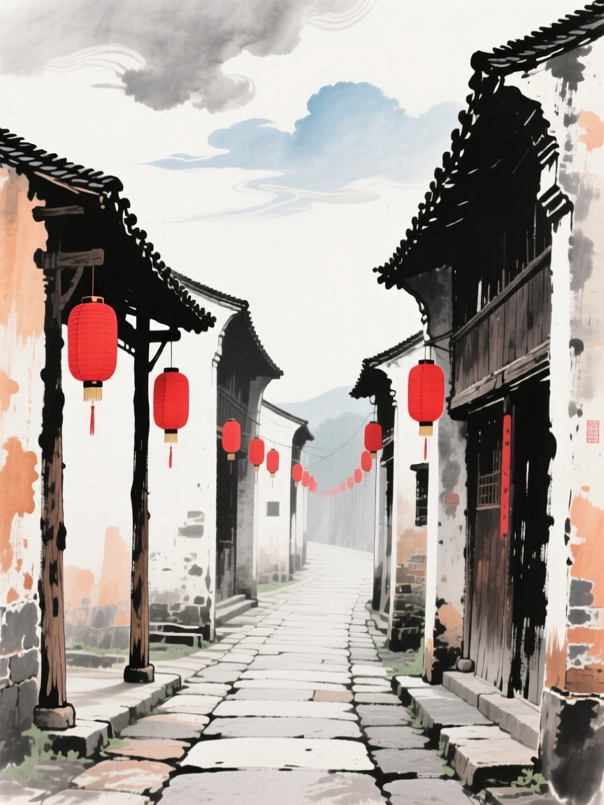 A row of red lanterns hanging along an old village lane, under drifting clouds.