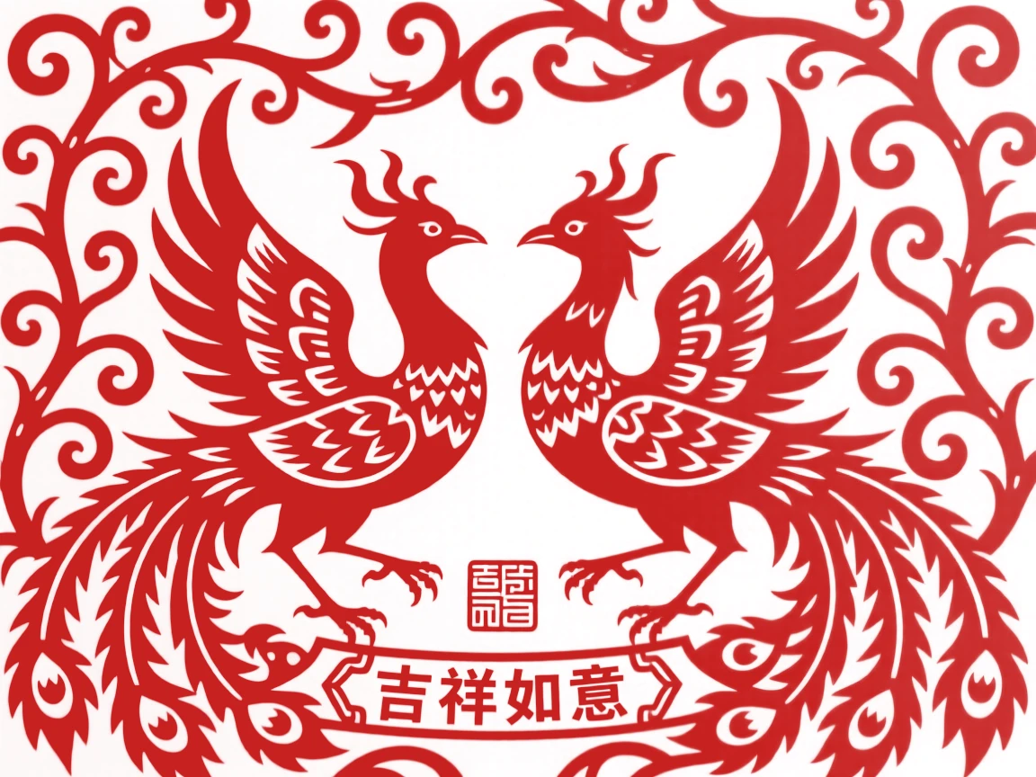 A pair of confronting phoenixes, set against a field of scrolling vines, a design meant to welcome abundance into the home.