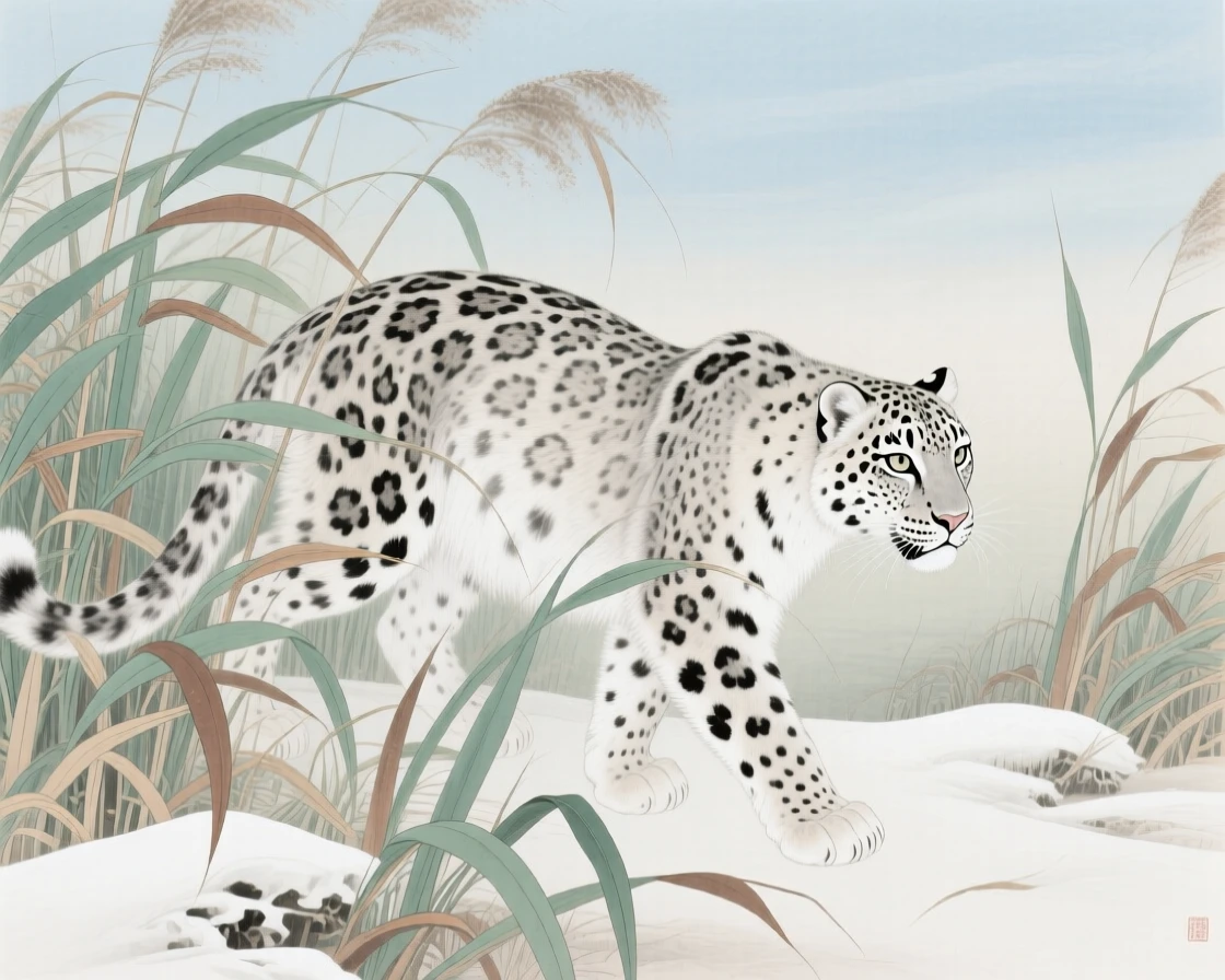 A snow leopard wandering through a field of tall reeds