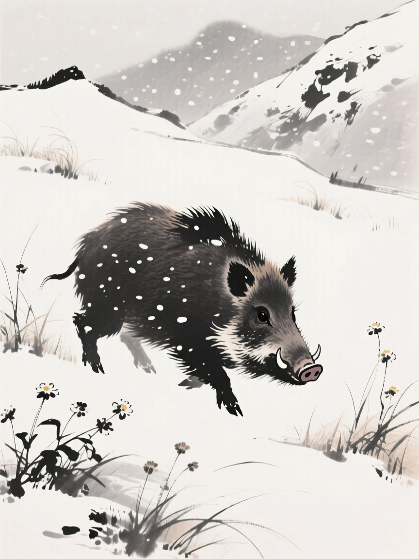 A wild boar moving silently through falling snow among wildflowers on a mountain meadow, seen from a respectful distance within its natural surroundings, suggesting calm alertness within a peaceful world.