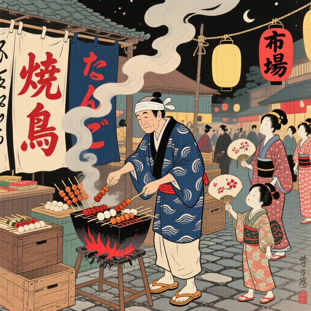A street food vendor grilling skewers at a bustling night market.