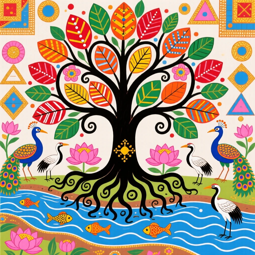 A tree of life with roots reaching deep beside a flowing river.