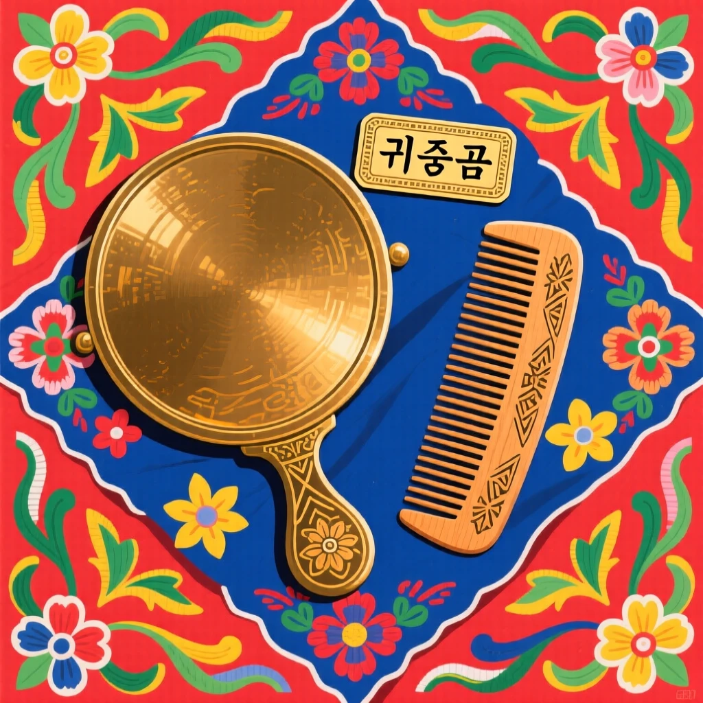 A bronze mirror and comb set laid on an embroidered cloth.