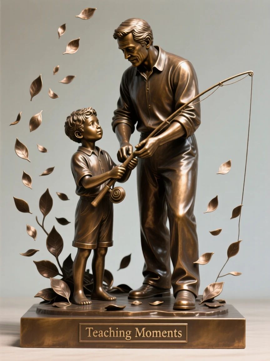 A father teaching his son to fish, surrounded by falling petals or leaves, forming a strong central focal point