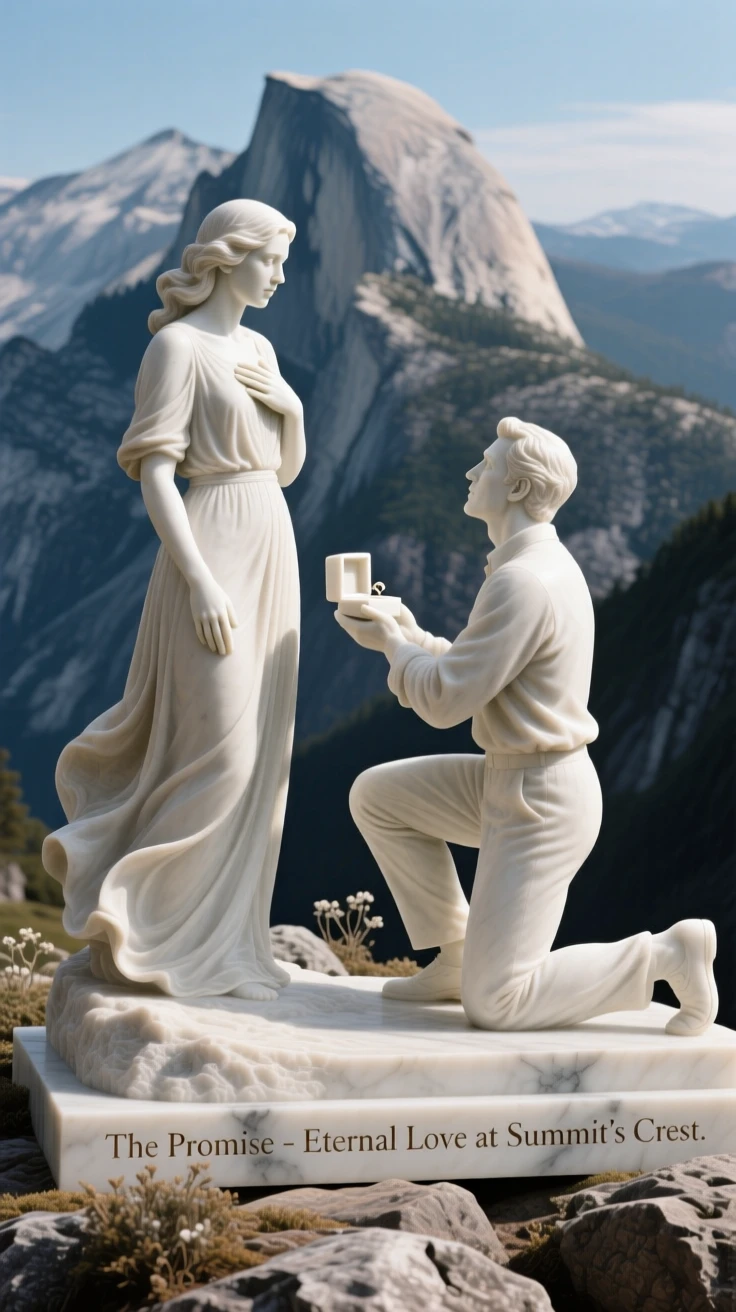 An emotionally powerful scene of a man proposing on one knee at a mountaintop, filled with warmth, tenderness, and connection