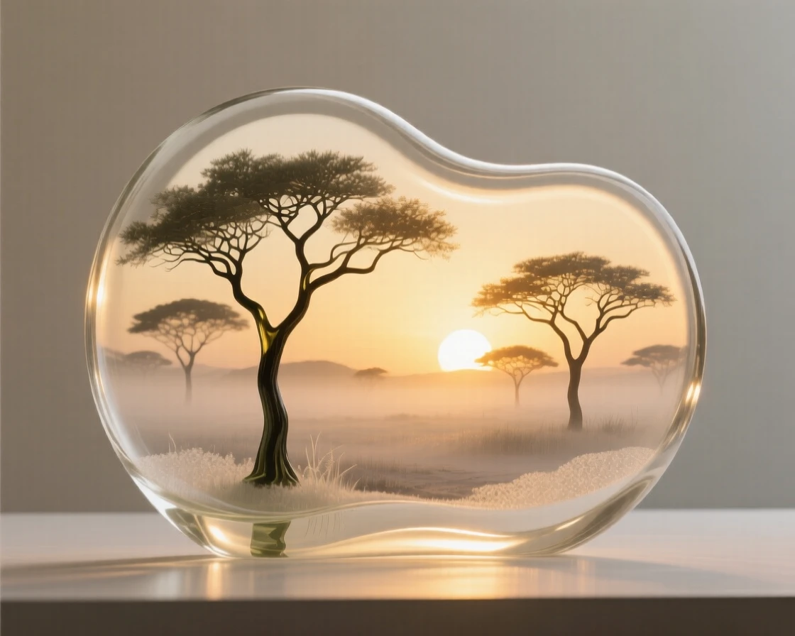 A savanna at golden hour with acacia trees silhouetted at the quiet hush of early morning, gentle mist rising, composition inviting stillness and reflection.