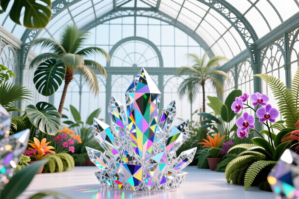 The interior of a grand Victorian greenhouse filled with exotic tropical plants.
