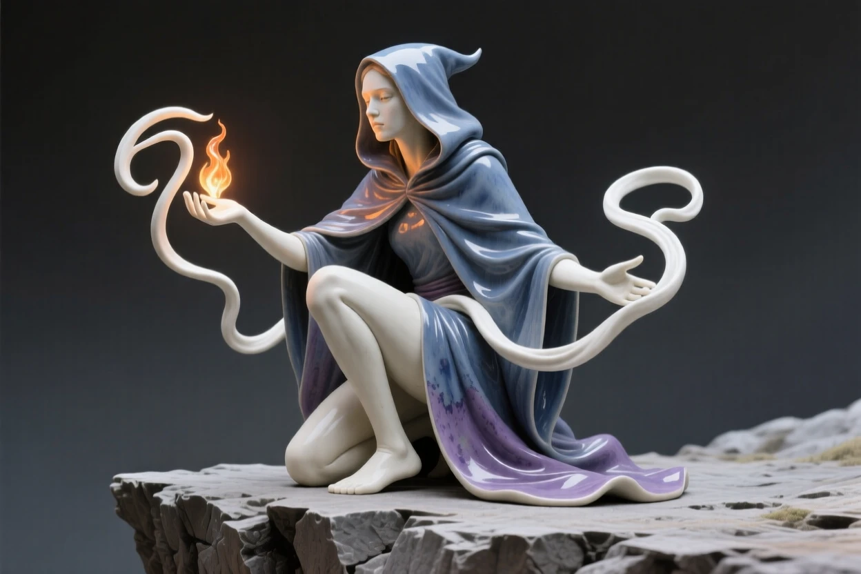 A cloaked sorceress conjuring swirling light perched watchfully at the edge of a cliff, its eyes glowing with an inner fire, stirring a sense of awe and quiet reverence.