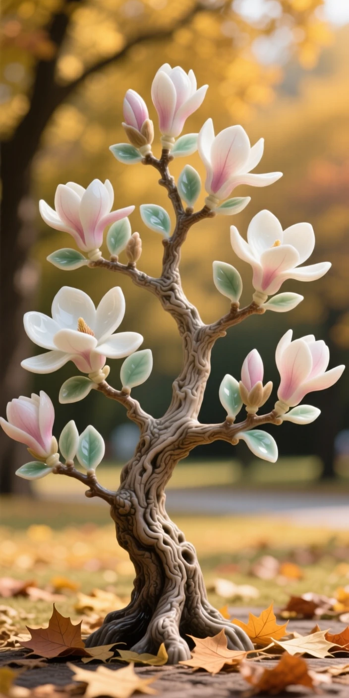 A ancient magnolia tree in full spring bloom in a golden autumn park.
