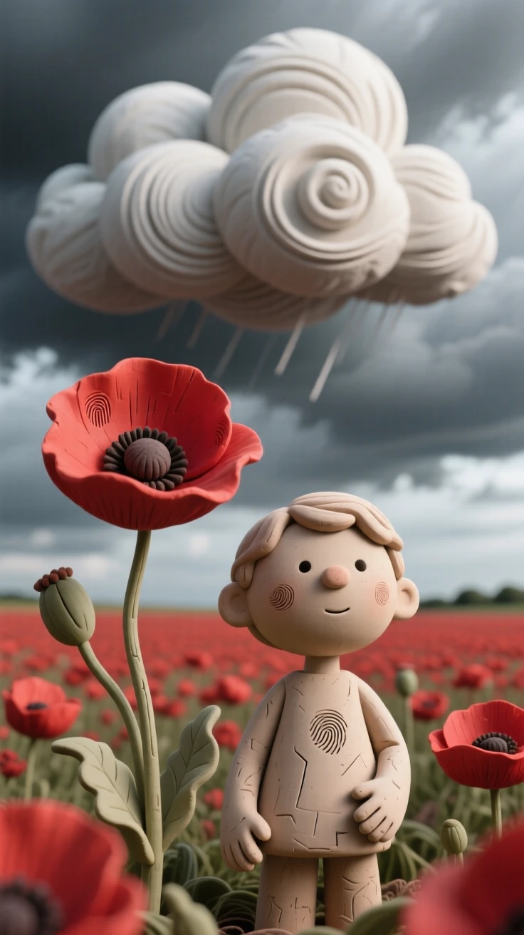 A field of red poppies swaying beneath a dramatic cloudy sky